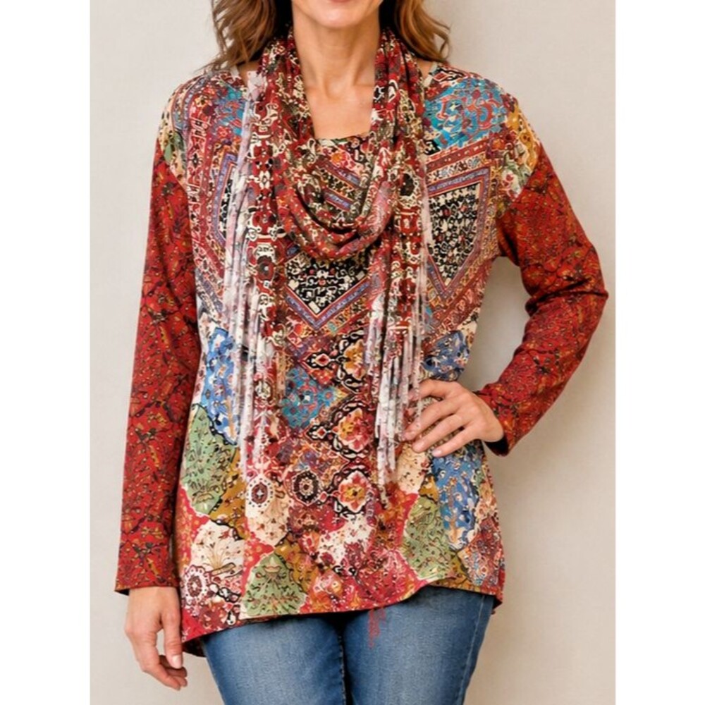Hannah size XL multicolor long sleeve tunic, detachable scarf, fringe